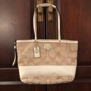 Tan and White Coach Zip-Up Purse